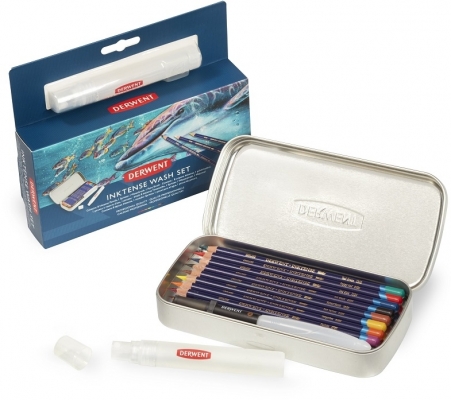 Set desen Derwent Professional Inktense, cutie metalica, creioane colorate, pensula cu rezervor, recipient spray, pensula simpla, 12 buc/set